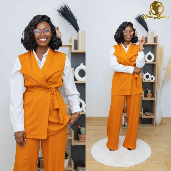 Ensemble pantalon et gilet orange femme