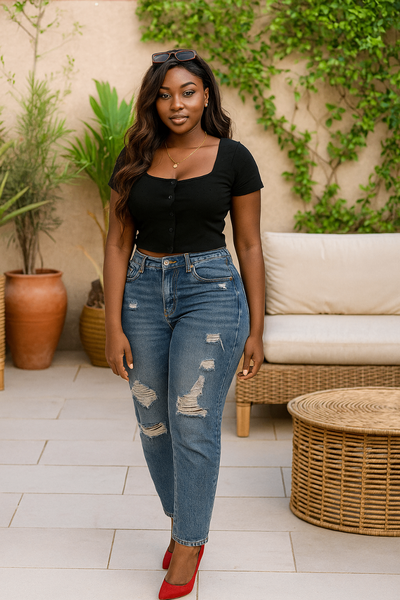 Jeans déchirés taille haute femme