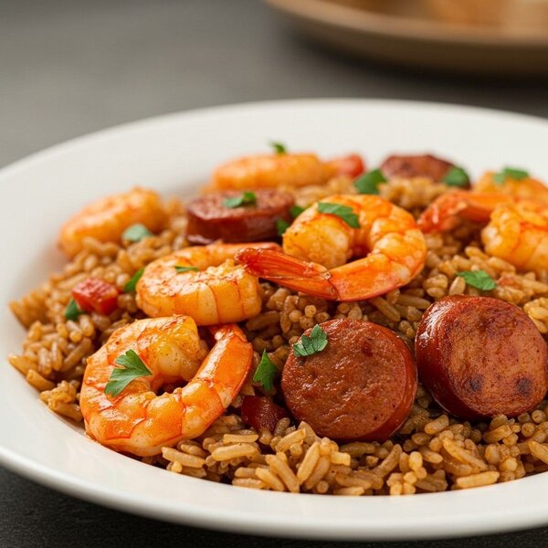 Délice de riz aux crevettes et saucisses