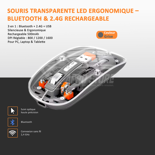 Souris Gaming Ergonomique LED - Bluetooth, 2.4G, Rechargeable