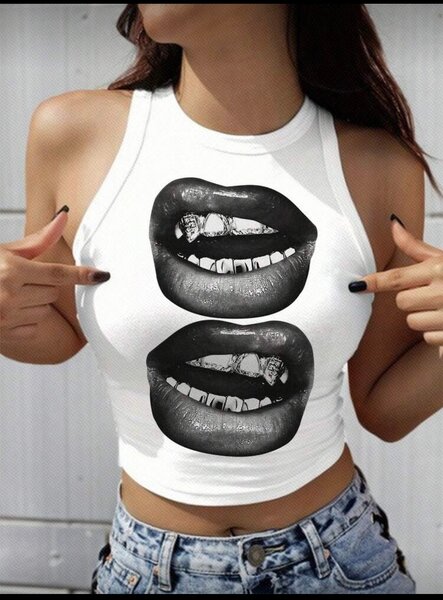 Débardeur blanc à imprimé lèvres