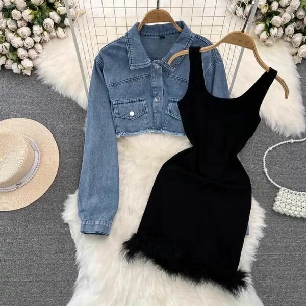set mini dress black + blue denim jacket