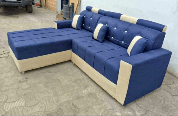 Canapé d'angle bleu et beige