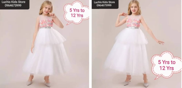 White,long ball gown/party dress with little bow belt and flowers print for 5-12 y.o girls