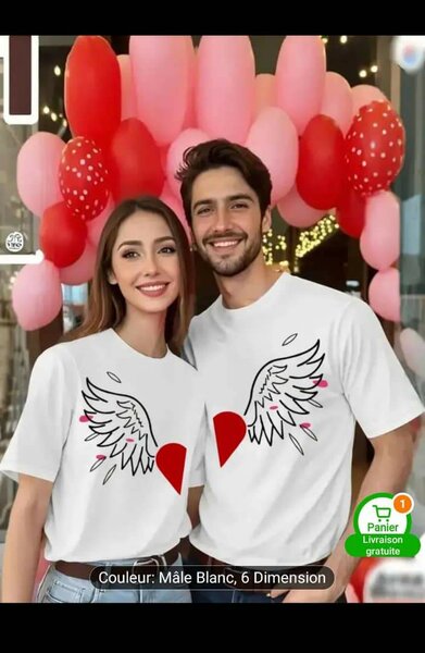 T-shirt couple amour ailes rouges