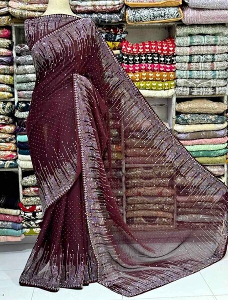 Beautiful Stitched  Net Saari Full pearls Work