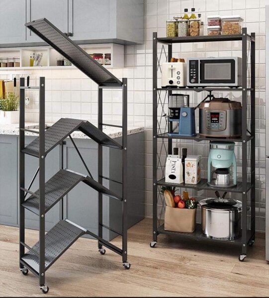 5-Tier Foldable Metal Shelf Storage Rack - Black