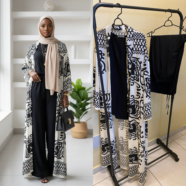 Ensemble hijab et kimono imprimé