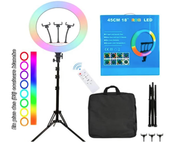 Ring light 18pouces avec sacoche 💼 + 3 support téléphone + télécommande manuel &physique + un trépied 2m et fait 26 couleurs !☺️🫶🏻