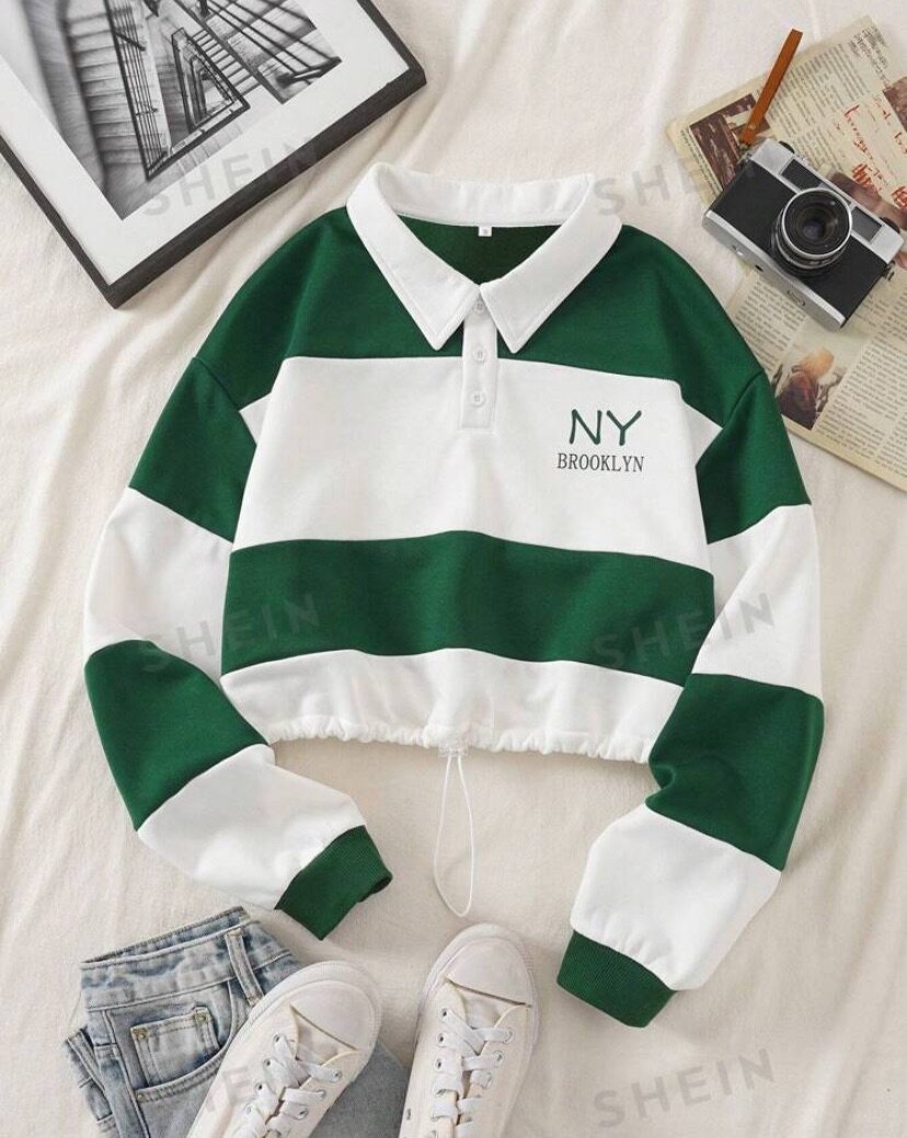 Color block Polo Neck Drawstring  Hem Crop Sweatshirt.