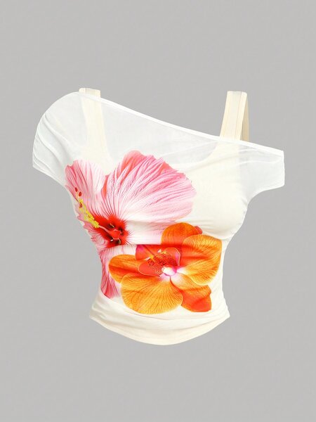 Top asymétrique à fleurs