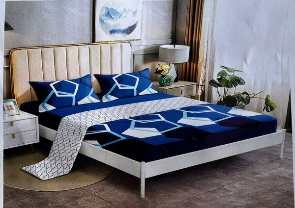 Parure de lit bleu et blanc motif géométrique