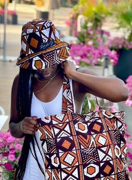 African print bags, hats and shorts.