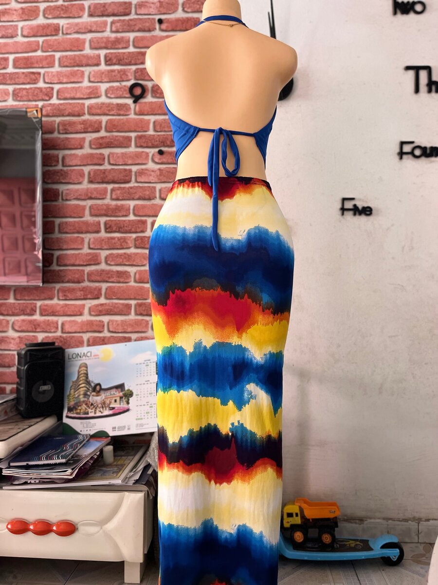 Ensemble jupe et haut court bleu