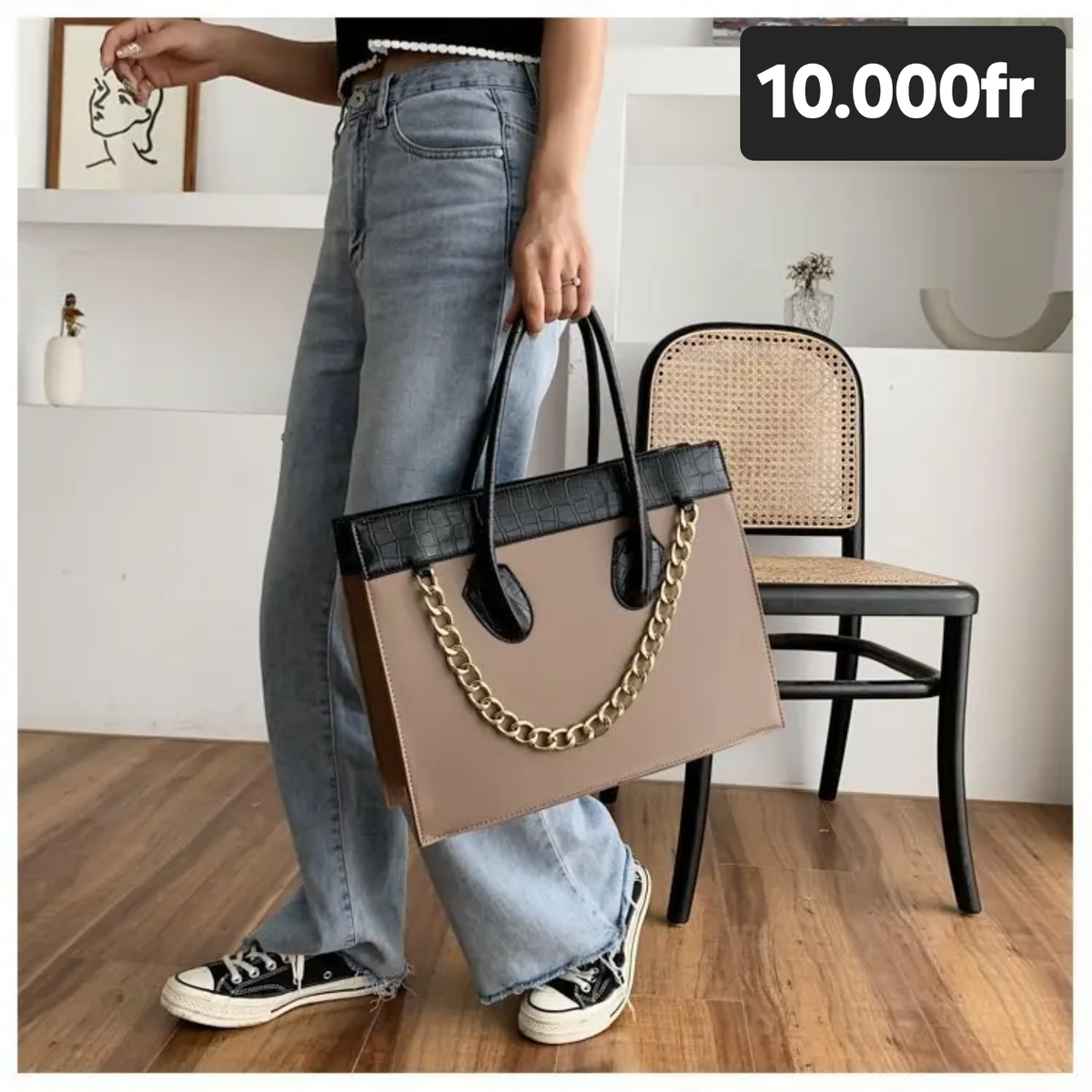 Sac à main chic beige et noir