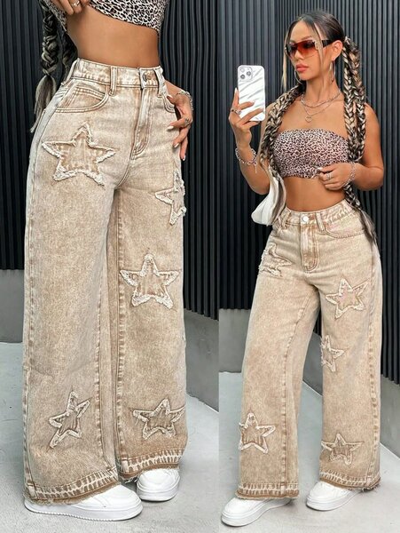 Jean large délavé à étoiles pour femme