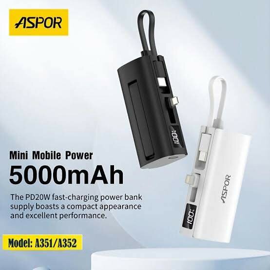 Aspor A352 Mini Power Bank 5000mAh with Built-in Cable