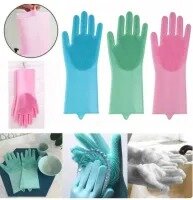 Magic Dish washing Gloves with scrubber, Silicone Cleaning Reusable Scrub Gloves for Wash Dish,Kitchen, Bathroom(multicolor 1 Pair: Right + Left Hand)