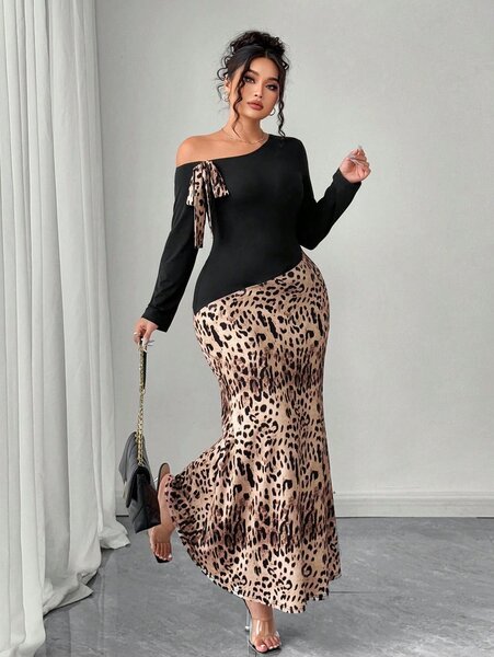 Robe longue asymétrique léopard