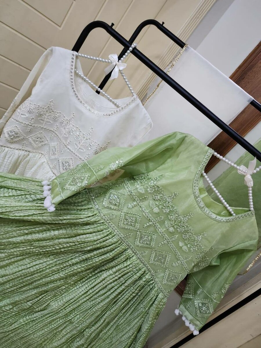 Sequins embd organza crush frok 2 pc Dc free