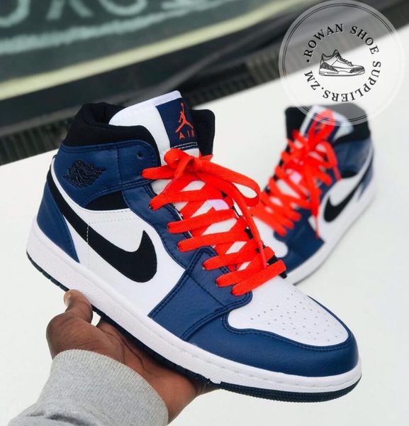 Sneakers AIR JORDAN 1 white and blue with red laces  Sizes:6-10