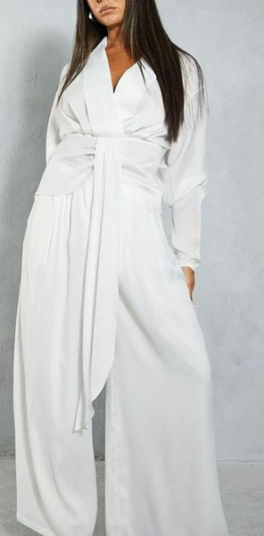 MISSPAP Textured Satin Plunge Neckline Drape Detail Blouse & Trousers