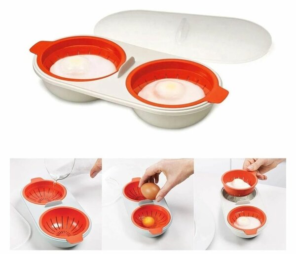 MICROWAVE EGG POACHER COOKWARE DOUBLE CUP EGG BOILER