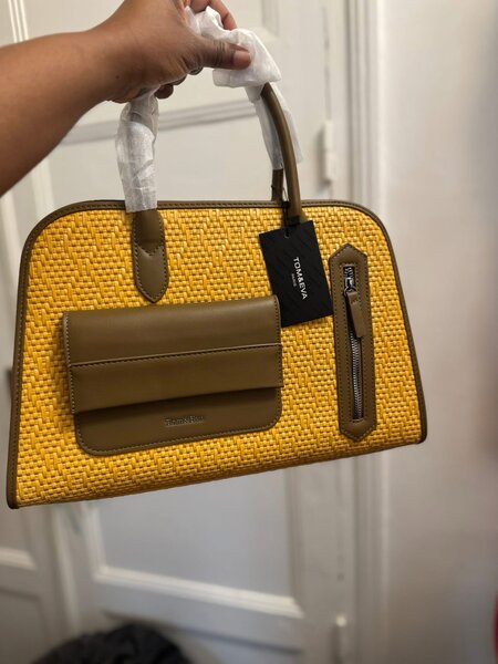 Sac à main jaune en toile et cuir marron