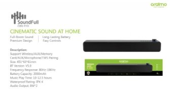 Oraimo OBS-91D Wireless Bass-Boosted Sound Bar – Bluetooth Dual 8W Speakers, 4Ω Impedance, 16-20,000kHz Frequency Response for Powerful Sound