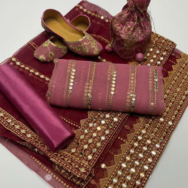 Women unstitched organza mirror work dress