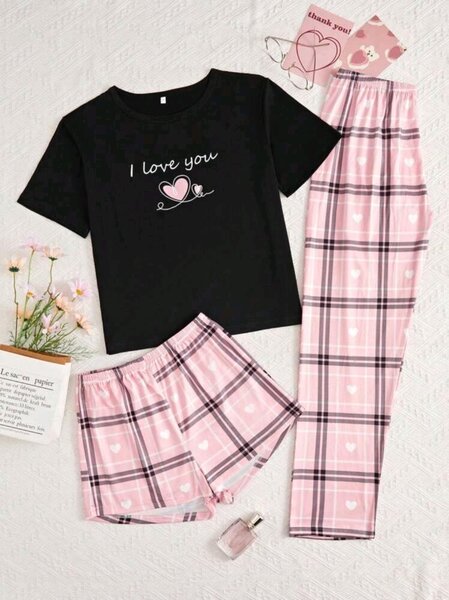 Ensemble pyjama femme coeur noir rose