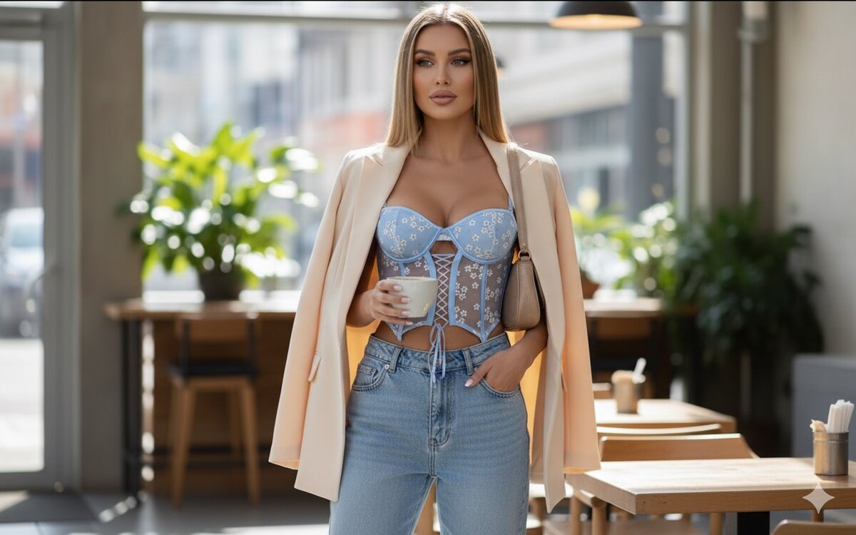 Ensemble corset bleu fleuri