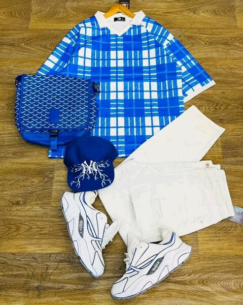 Ensemble homme : chemise carreaux bleue et accessoires