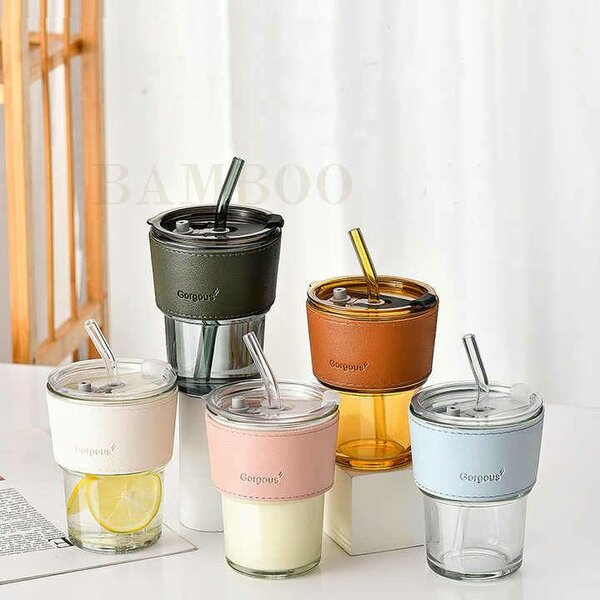 Glass Coffee Cup with Lids, Straw and PU Leather Sleeve