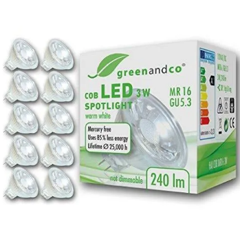 Pack of 10 MR16 GU5.3 LED Spot 3W Replaces 25W 240lm 2700K (Warm White) 38° Beam Angle 12V AC/DC Glass Body with Protective Glass