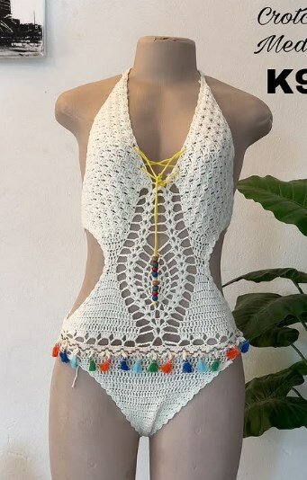Knitted swimsuit, white with print