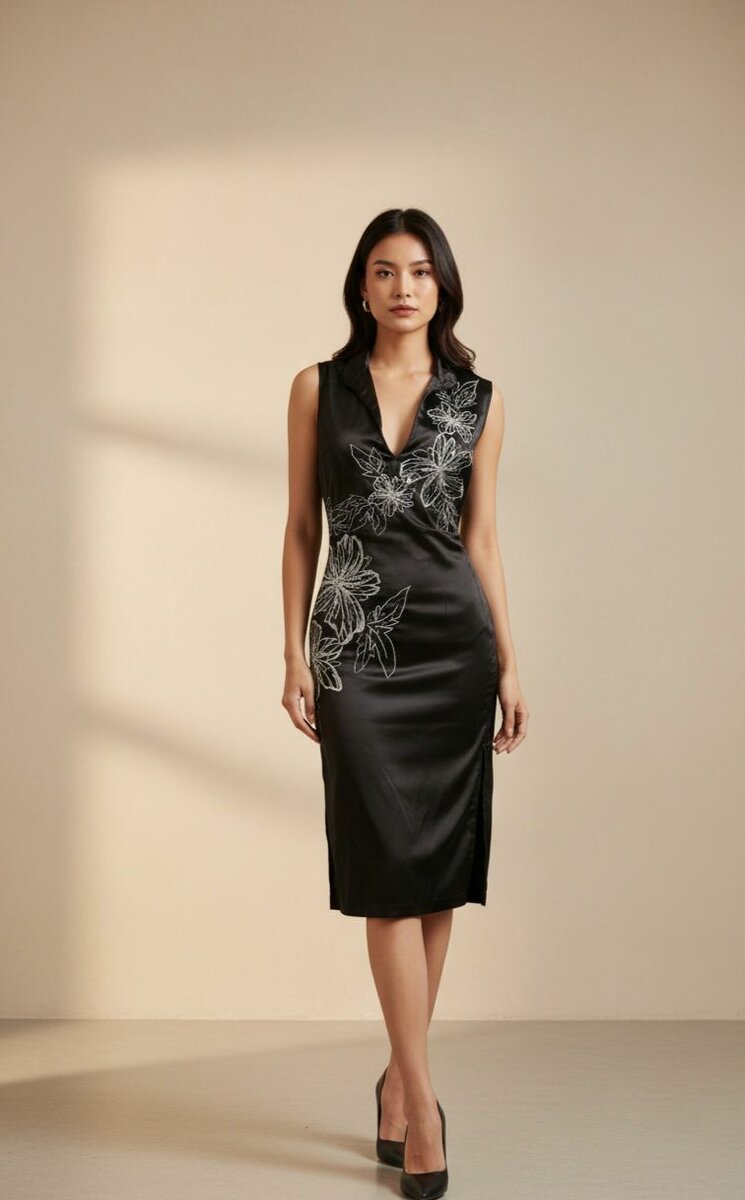 Robe noire satinée florale