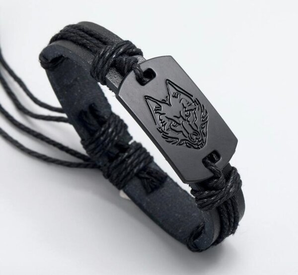 Bracelet cuir loup noir homme