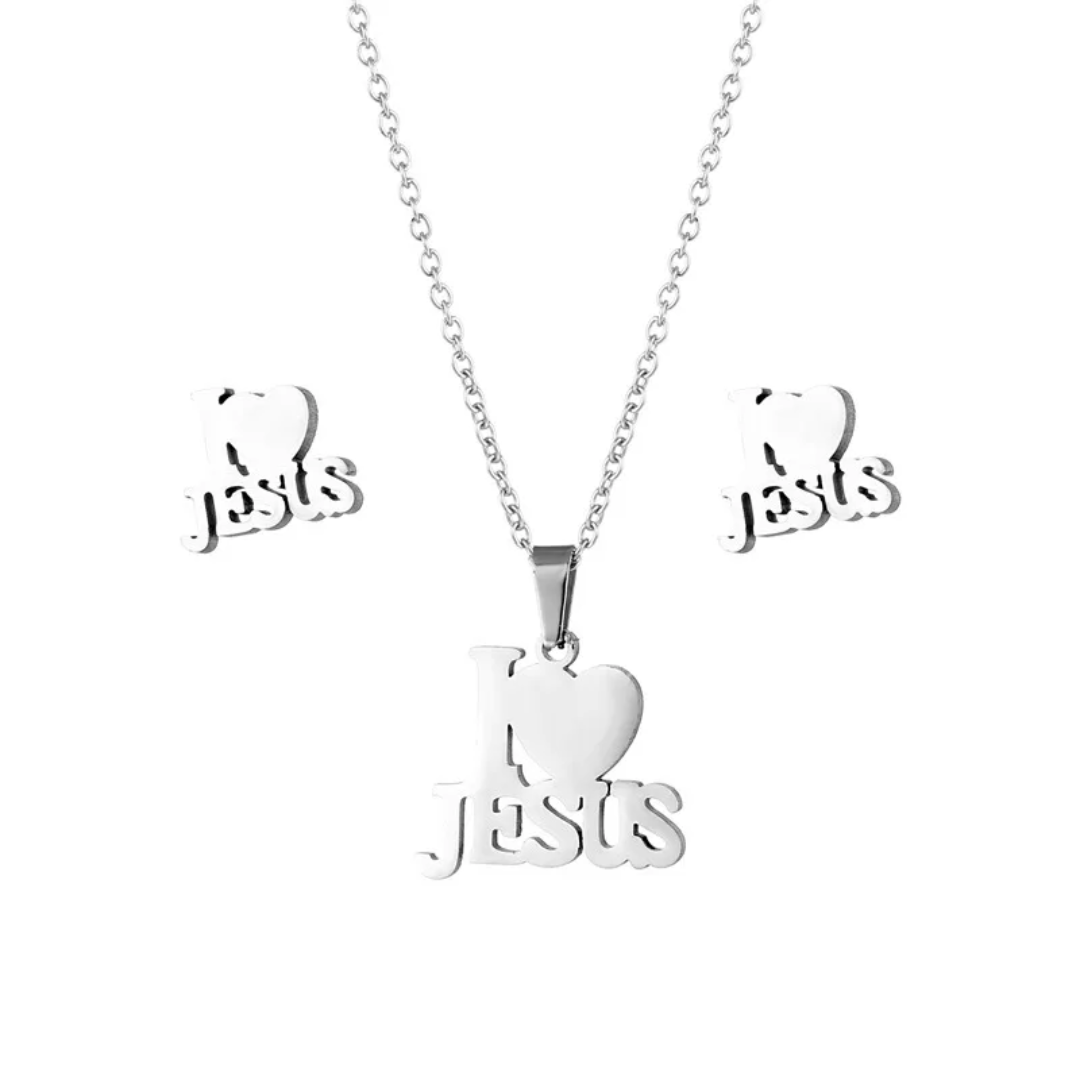 Parure Collier et Boucles I Love Jesus en Acier