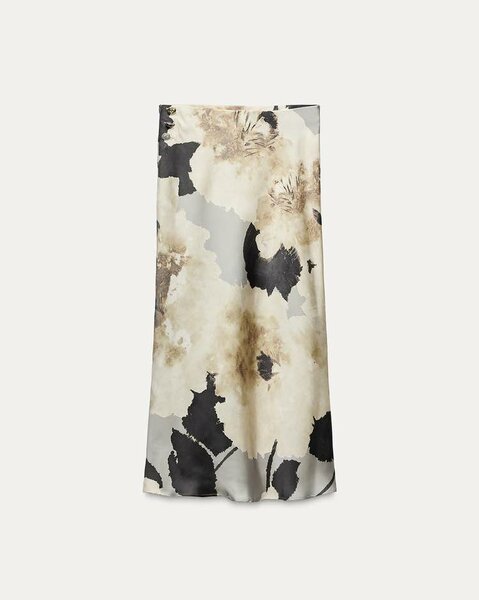 Zara Satin Printed Midi Skirt in Grey & Tan 
