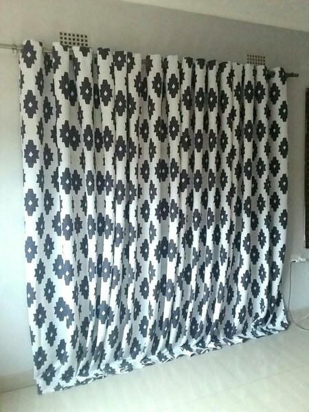 2 drops of curtains white with black patterns