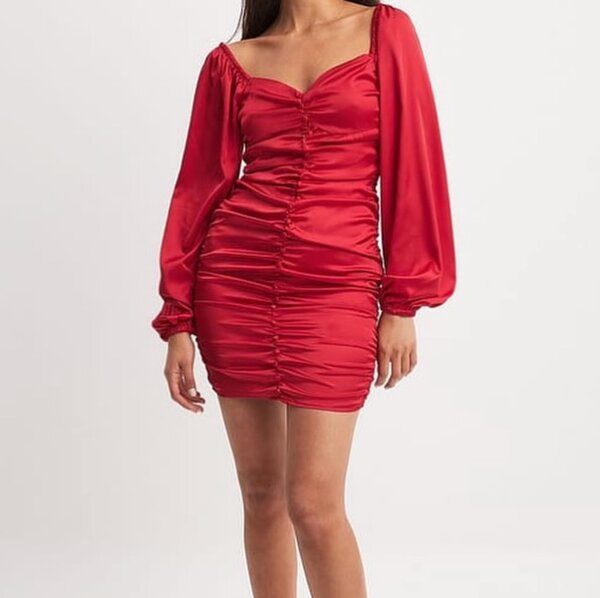 Red Ruched Button Dress