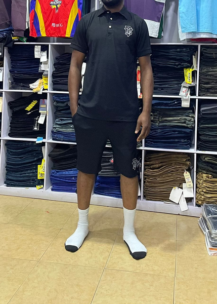 black set t-shirt and shorts