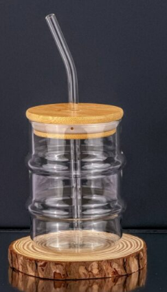 Eco-Friendly Bamboo Joint Clear Borosilicate Glass Tumbler with Bamboo Lid and Glass Straw