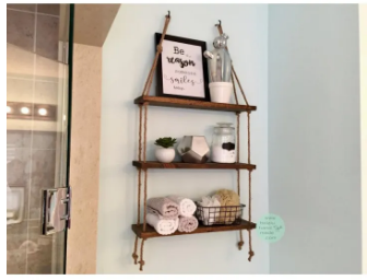 Home Decoration Wall Mounted Shelf - Solid Wooden Rope Floating Shelf Organizer - With 3x Solid Wooden Racks for Bedroom/Kitchen/Office