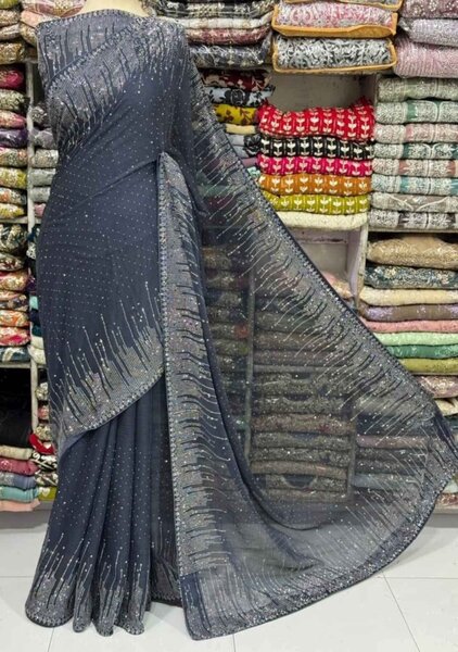 Beautiful Stitched  Net Saari Full pearls Work