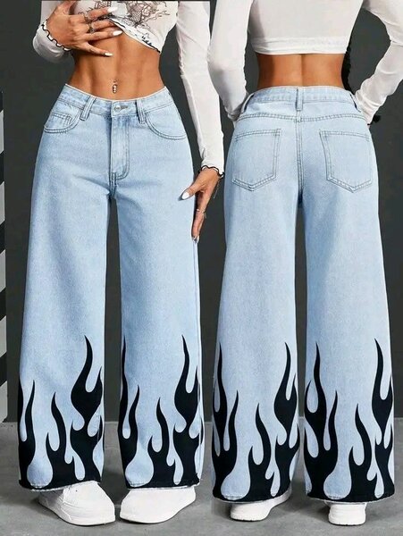 Jeans larges femme motif flammes