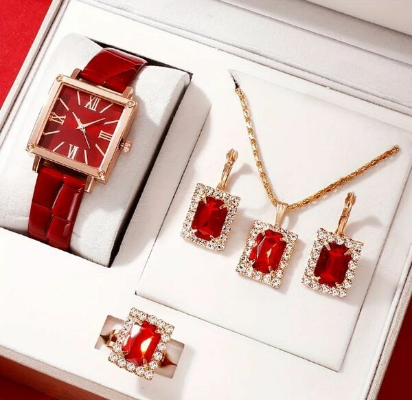 Ensemble montre et bijoux rouge élégant