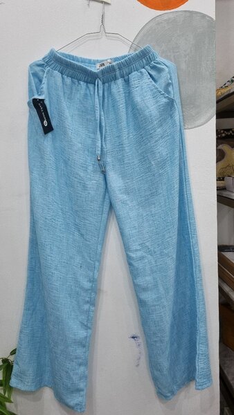 Pantalon en lin bleu femme
