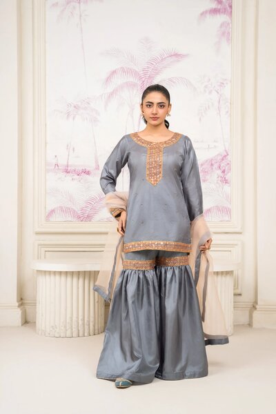 3 Piece Grey Silk Gharara Set